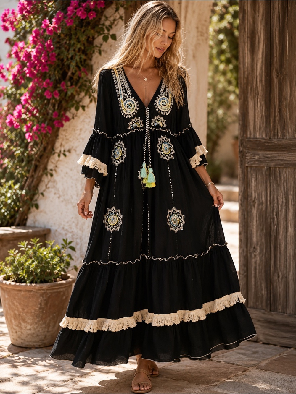 116. FROM EUROPE/Black Embroidered Boho Maxi Dress Tassel embellishment